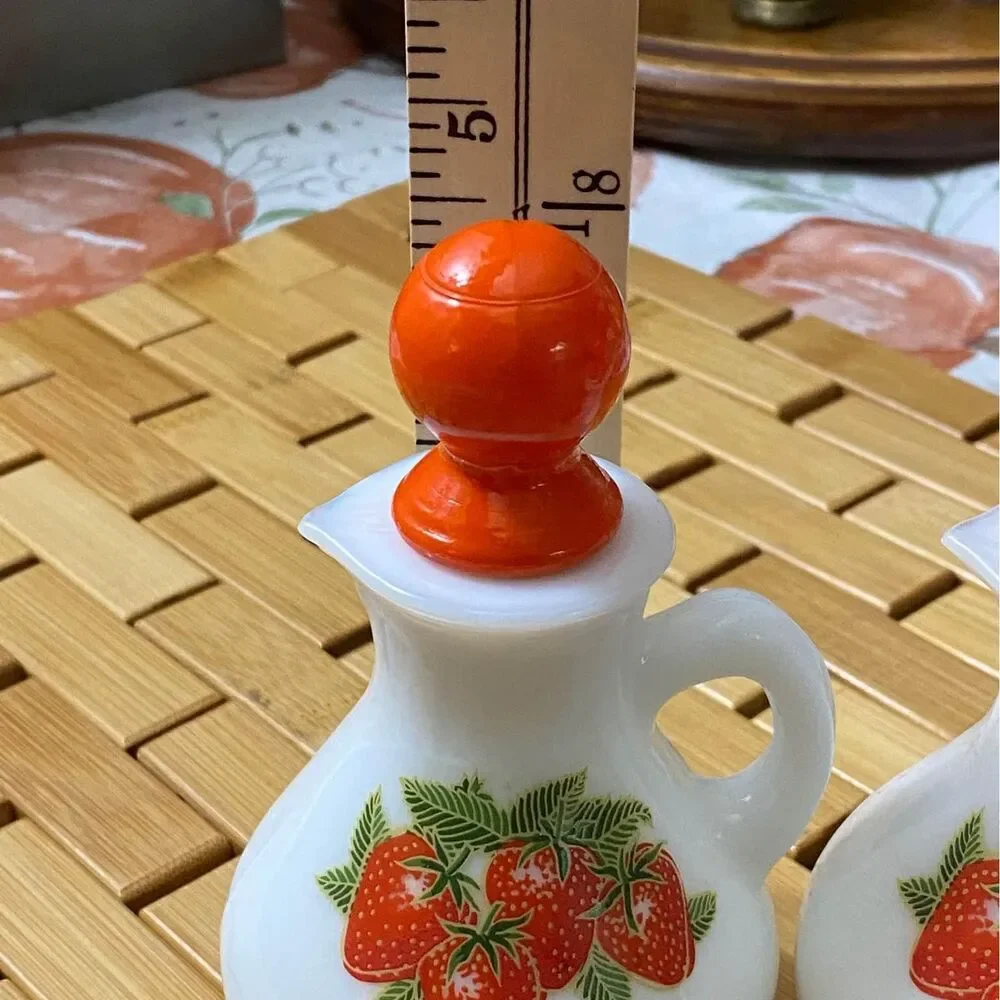 White Milk Glass Strawberry Cruets with Orange Stoppers Set of 2